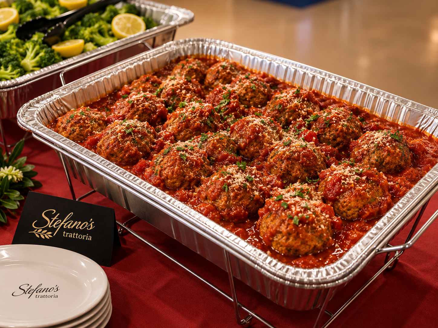 A full tray of Stefano's meatballs in marinara with a Stefano's Trattoria card beside it