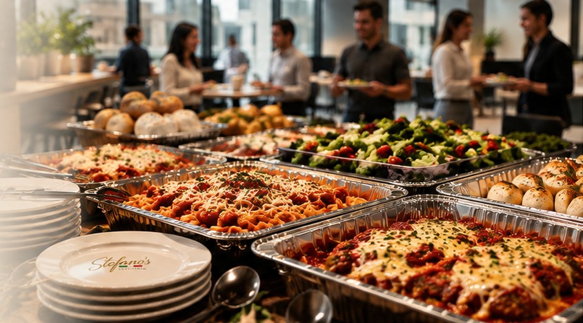 Stefano’s catering trays set up for lunch in an office, coworkers gathering behind