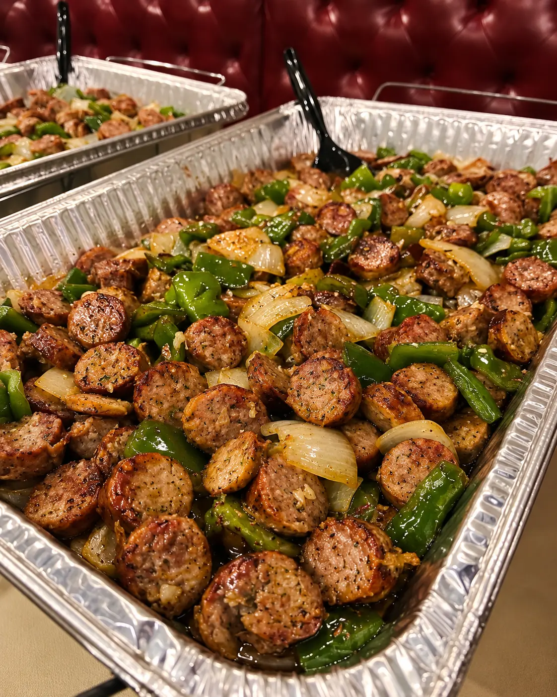 Tray of Stefano's sausage with peppers and onions