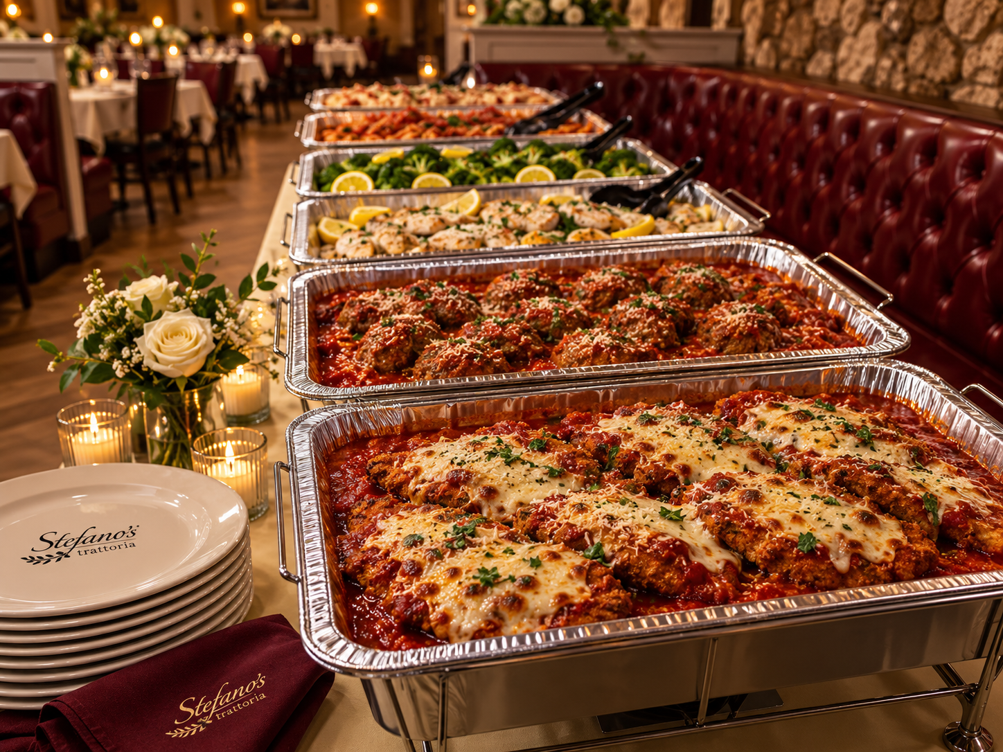Stefano's catering trays of chicken parmigiana, meatballs, chicken piccata and broccoli set up in the dining room