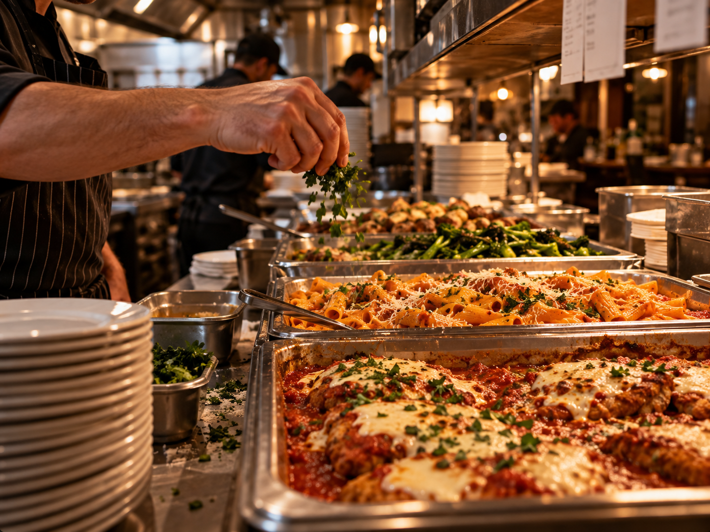 A Stefano's chef garnishing trays of chicken parmigiana, rigatoni and broccoli rabe on the kitchen pass