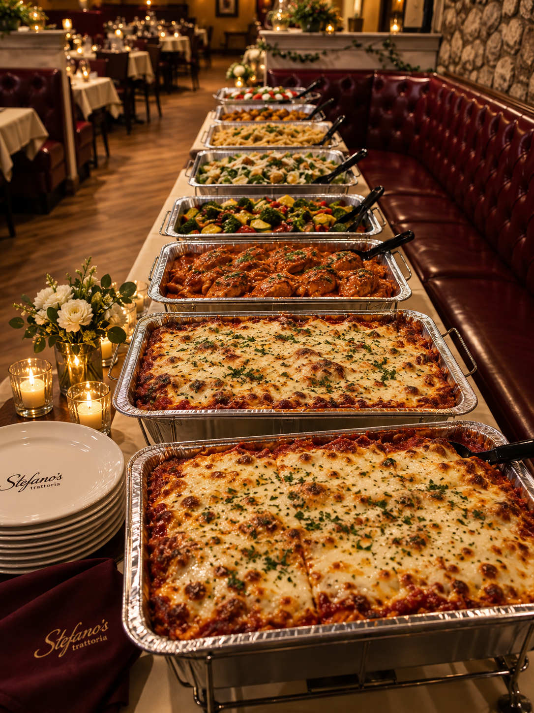 A long row of Stefano's catering trays including lasagna, pasta and roasted vegetables