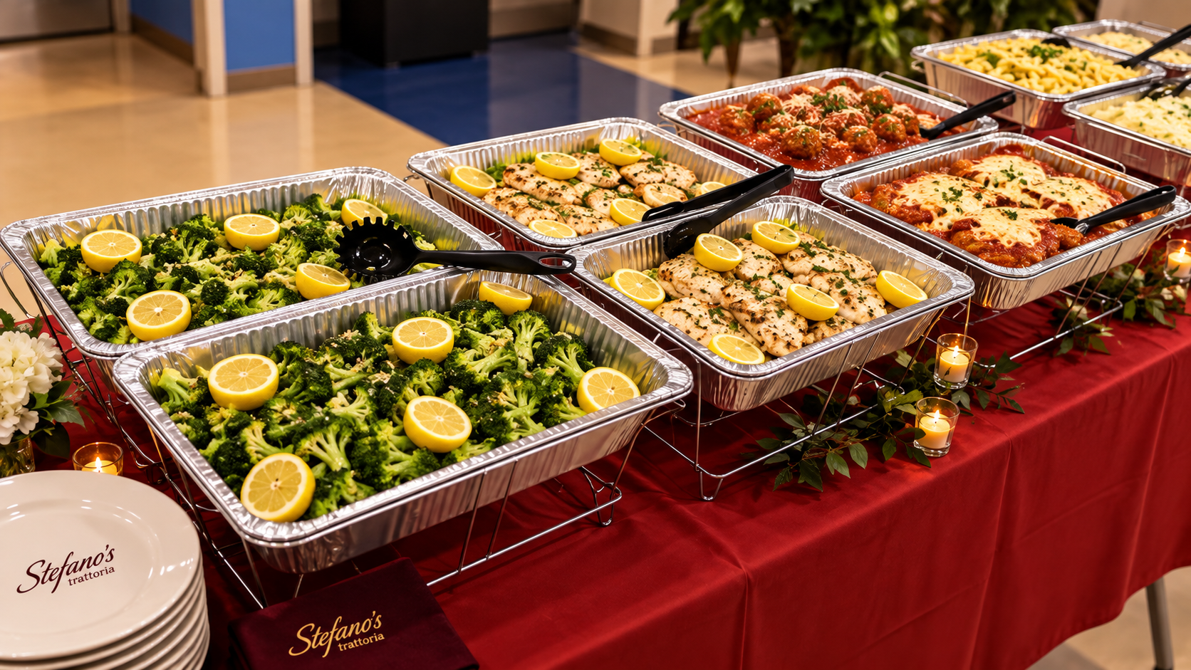 Stefano's catering buffet line set up in an office common area