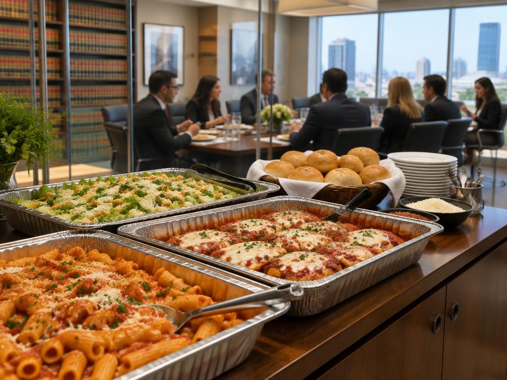 Italian catering spread for a law firm meeting